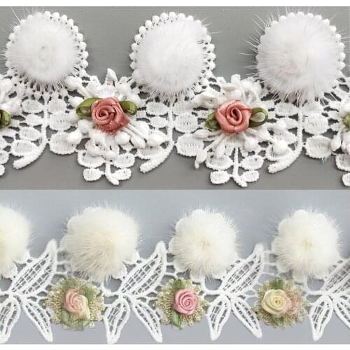 1 Meter 7cm White Faux Fur Pompom Ball Leaf Lace Edge Trim Ribbon Fabric Embroidered Applique Sewing Craft Wedding Dress Clothes