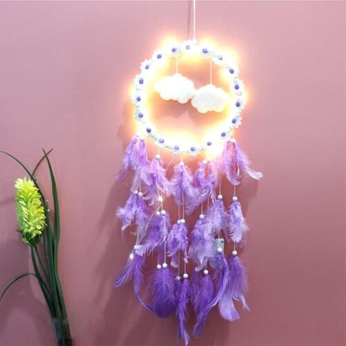 1 PC Braided Wall Dreamcatcher with LED Light Handmade Feather Dream Catcher Fairy Light Floral Wreath Wall Hanging Crafts