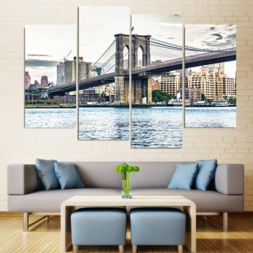 2021 New 4 Pcs Modern Printed New York Brooklyn Bridge Landscape Painting Picture Home Decor Canvas Paintings Wall Pictures
