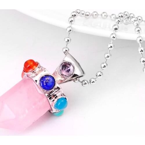 7 Chakra Natural Stone Pendulum Crystal Column Hexagonal Pendant Necklace For Women Men Choker Jewelry