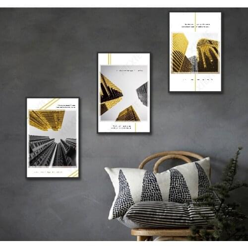 Abstract Posters Prints Golden Grey Building and Lines Contrast Wall Art Canvas Painting for Living Room Corridor Decoration