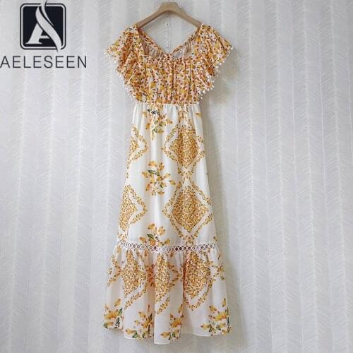 AELESEEN 2021 Summer Womens Ruffes Dress Butterfly Slash Neck Backless Lacing Up Flower Print Long Hollow Out Party Dress