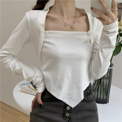 GLODTAOS Long Sleeve Irregular T-shirt Woman Casual Square Collar Tshirt Autumn Harajuk Solid Cropped Top Female