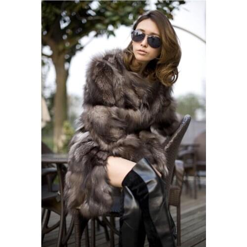Free shiping new real genuine silver fox fur coat womens long quality natural fur overcoat winter fashion jacket