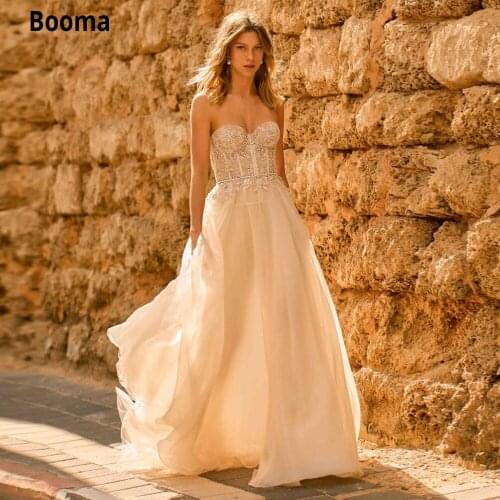 Booma 2020 Charming Beaded Lace Chiffon Wedding Dresses Strapless Vintage Beach Bridal Gowns A Line Floor Length robe de mariée