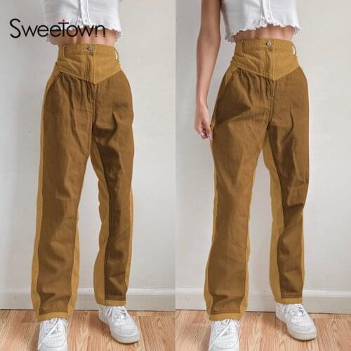 Sweetown Brown Aesthetic Baggy Joggers Women Contrast Patches Corduroy Y2K Vintage Sweatpants High Waist E Girl Cargo Pants