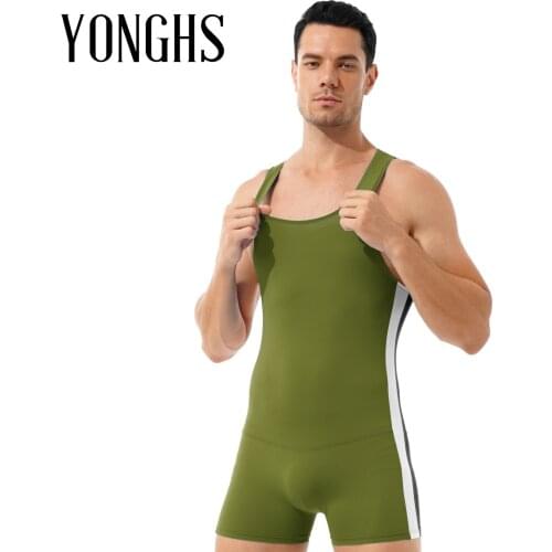 Swimwear Mens Stretchy Leotard Wrestling Skinny Jumpsuit Contrast Color Stripe Athletic Sportwear Round Neck Sleeveless Bodysuit