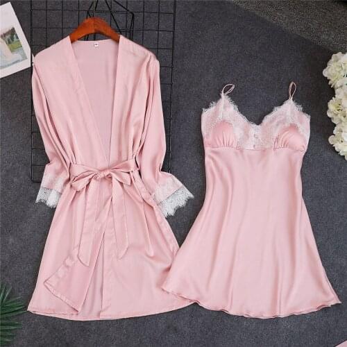 Sexy Pink 2Pcs Robe Suit Strap Top Kimono Sleepwear Sets Casual Lady Home Wear Pajamas Nightwear Bath Gown M-XXL