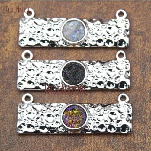 10Pcs Rectangle Pendant Rainbow Aura, Titanium Black, White Shimmer Druzy Crystal Top Double Bail Pendant 40x15mm PM15329