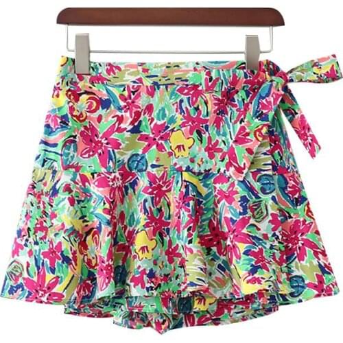 2021 New Women Chic Fashion Floral Print Bow Tie Shorts Skirts Vintage Elastic Waist Side Zipper Female Short Pants Pantalones