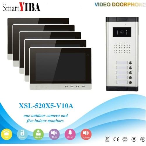 SmartYIBA 5 Apartments Home Video Door Phone 7inch Color Screens Video Intercom System Night Vision CCD Door Bell