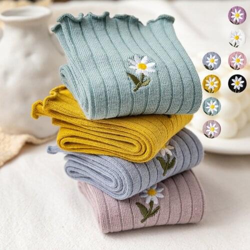 Streetwear Little Daisy Embroider Cute Socks Spring Summer Pure Cotton Frilly Socks Women Japanese Korean Harajuku Kawaii Sock