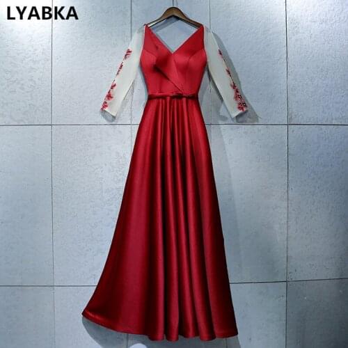 Long Sleeve Evening Dress Abendkleider Prom Dresses Satin With Appliques Burgundy Evening Dresses Long Dress 2019 Robe De Soiree