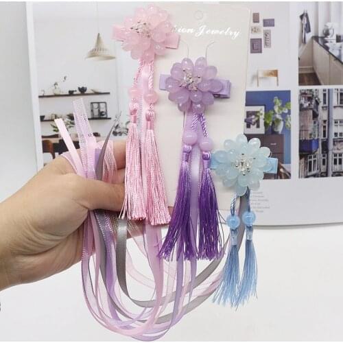 Children Antique Hair Clips Ornaments Tassels Hanfu Hairpin Long Ribbon Flower Hair Accessories for Women Girl Headdress