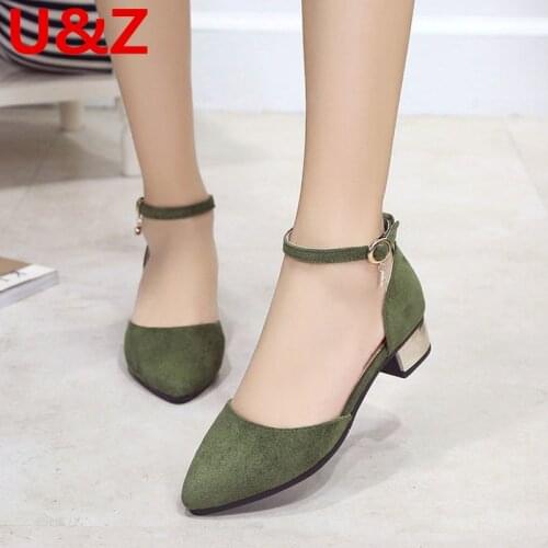 Olive Green/Pink/Black suede Leather women small kitten Block Pumps,Office Ladies closed toe sandals elegant buckle shoes