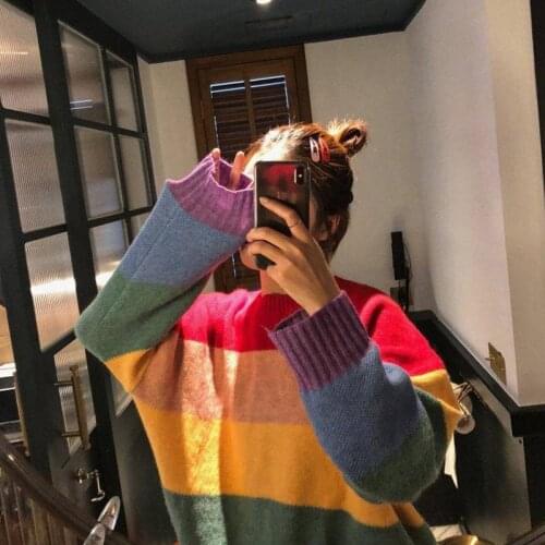 Winter Sweater Women Long Sleeve O-neck Color Strip Patchwork Ladies Casual Knitwear Sweater Women Sweaters Swetry Damskie Girls