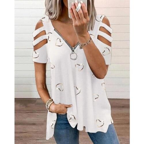 2021 Womens Wear V-neck Zipper Printed Short Sleeve Loose Casual T-shirt Womens Top