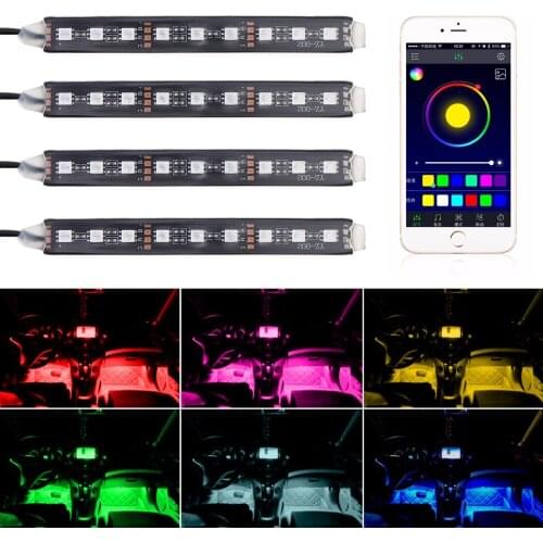 4pcs Android IOS Phone Control Car Interior with RGB Strip Light Flexible Atmosphere Kit Foot Lamp Bluetooth-compatible