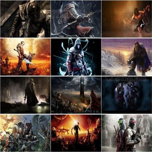 5D Living Room Wall Diamond Painting Game Ferocious Warcraft Sword Fighting with Science Fiction Monster Background Art Deco