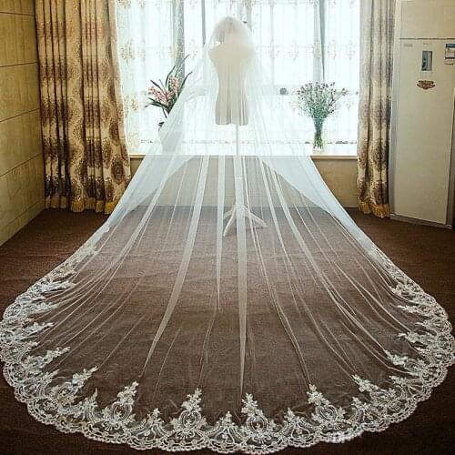 New Arrival White Bridal Veils Netting Lace Cathedral Length 3.5m One Layer Applique Wedding Wraps Free Shipping