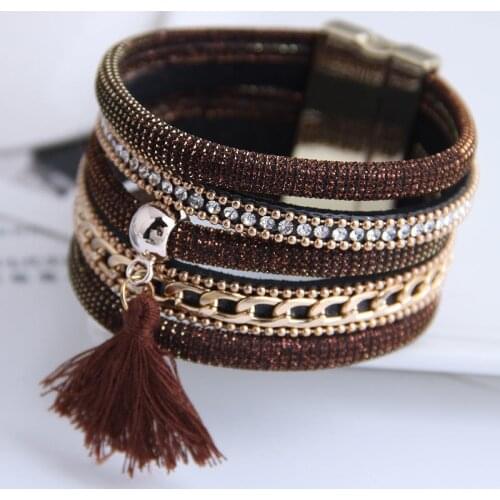 Punk PU Leather Bracelets for Women Boho Jewelry Cotton Tassel Width Charm Bracelets & Bangles Men Accessories 2021
