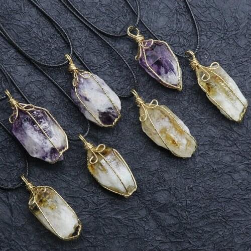 1PC Natural Crystal Necklace for Women Wire Wrapped Citrines Amethysts Stone Hexagonal Pendulum Pendant Necklace Healing Jewelry