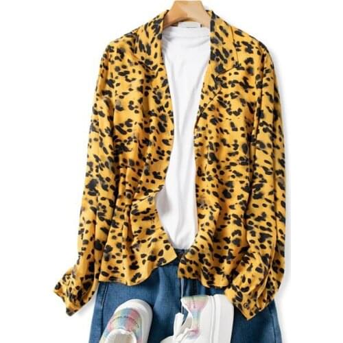 ElfStyle Silk Women Yellow Leopard Print Notched Collar Shirt Top - 2020 Newest Single Pocket Animal Printed Blouse Shirt
