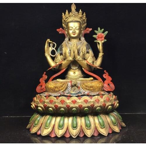13"Chinese temple collection Old Bronze Painted Four-armed Guanyin Guanyin Bodhisattva sit Lotus Terrace Enshrine the Buddha