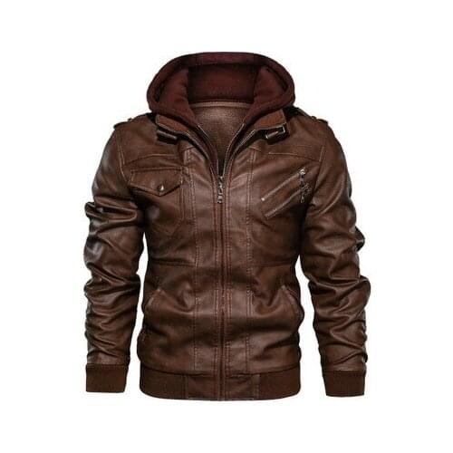 Hooded leather jacket men slim zipper PU Outerwear autumn Many pockets Long Sleeve Streetwear Fur Coats windproof