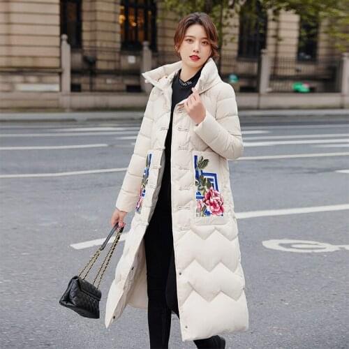 2020 Winter New Celebrity Fashion Embroidered Hooded Mid-Length Down Jacket Cotton-Padded Clothes Womens Warm Cotton-Padded