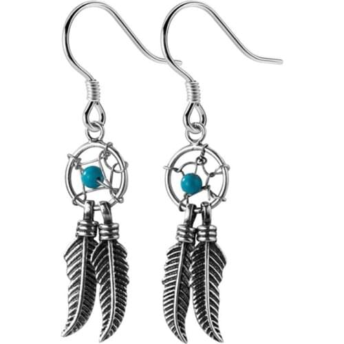 New Bohemian Feather Earrings 100% 925 Silver Dream Catcher Net Jewelry Pendientes Brincos Charm Vintage Birthday Gift Women