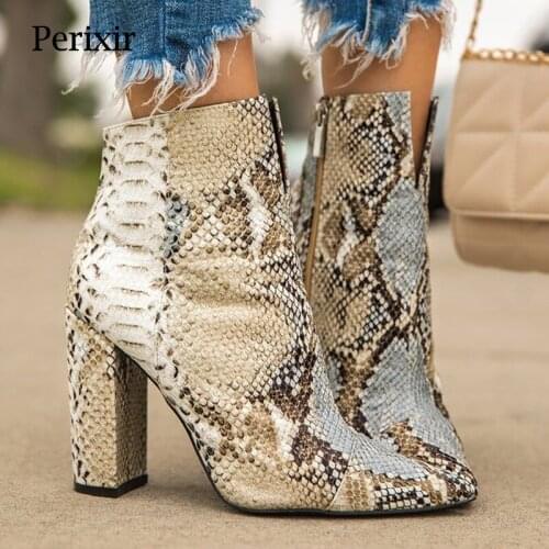 Perixir Pointed ankle snake leather boots square high heel Snake Print thick heel anti slip Side Zipper Pointed Toe Snakeski