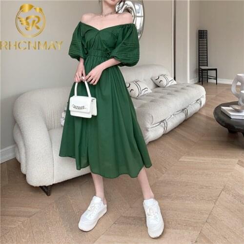 Frensh Style Pleated Bow Dress Slim Elastic Wasit Fashion Puff Sleeve Dresses 2021 New Summer Solid V-neck Sweet Vestidos Dress