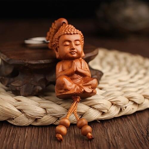 Religion Natural Wood Three-dimensional Engraving Buddha Keychain For Girls Men Fashion Women Jewelry Lucky Key Ring Chains New