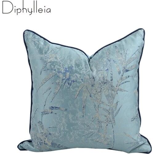 Diphylleia Oriental Art Cushion Cover Gray Blue Abstract Bamboo Pattern Jacquard Luxury Square Pillow Case House Villa Chic Deco