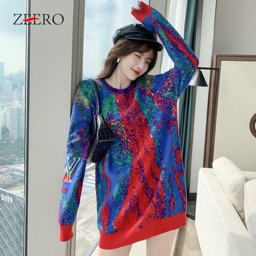 Autumn Winter Women Contrast Straight Loose Casual O-Neck Oil Painting Knitted Base Dress Christmas Rainbow Sweater Mini Dresses