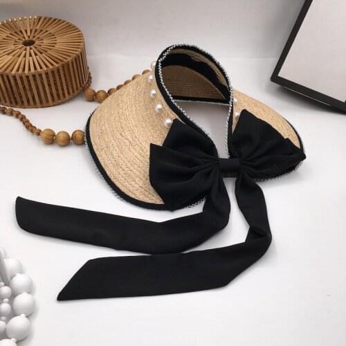 Spring/summer new lafite grass topless hat womens fashion pearl socialite beach resort sunbonnet topless elegant hat