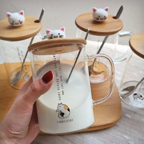 Nordic Glass Cup with Spoon Lid Korean Coffee Mug High Capacity Heat Resistant Glass Cups Creative Girls Juice Water Cup DA60BLB