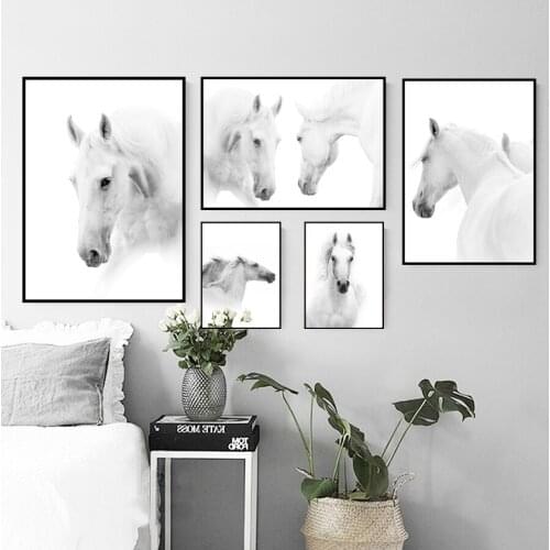 Horse Decoration Wall Art White Black Horses Canvas P[Icture for Home Design Animals Poster Frameless Home Room Decor