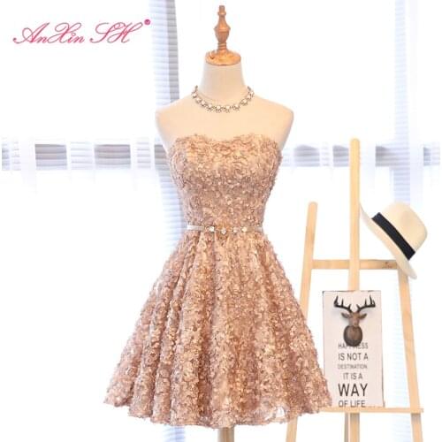 AXJFU little flower lace evening dress beading flower sashes pearls lace short evening dress princess crystal evening dress