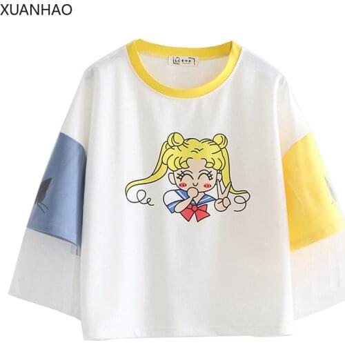 XUANHAO Japan Style Summer 2021 New Cartoon Beauty Short Sleeve Harajuku T-shirt Women Loose O-Neck Sweet Tops Tee for Girls