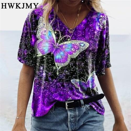 Womens Clothing Summer Casual V-neck Short Sleeve Shirts Butterfly Printed Tops Ladies Plus Size Loose Cotton T-shirts Tee 8XL
