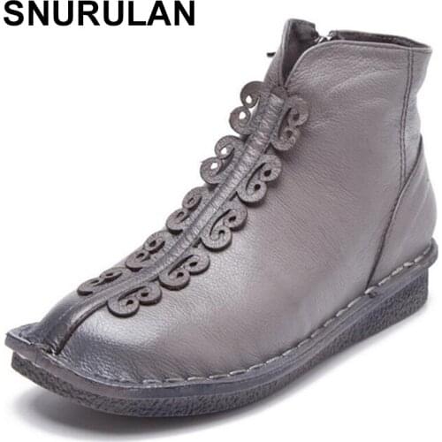 SNURULAN 2017 Fashion Boots For Women Handmade Genuine Leather Ankle Shoes Vintage Mom Women Shoes Round Toes Martin Boots