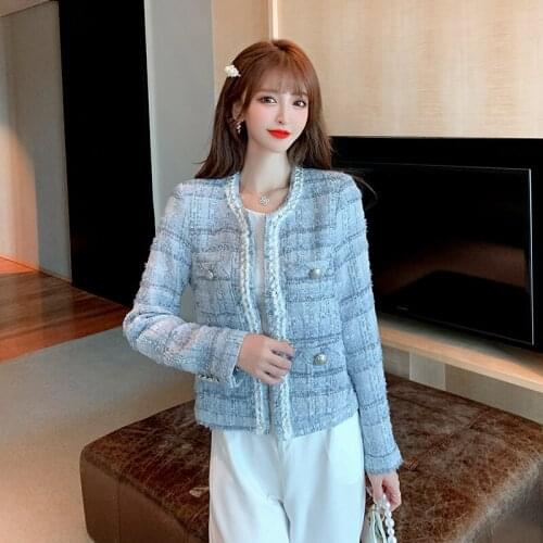 Autumn New Women Elegant Tweed Jackets Office Ladies Suit Coats Female Korean Fashion Winter Vintage Plaid Woolen Coat