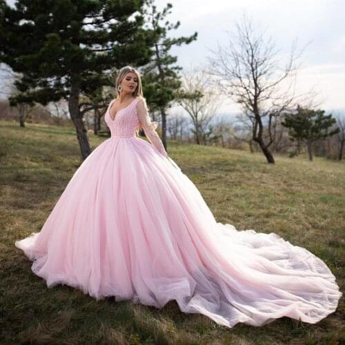 Luxury Arabic Dubai Pink Ball Gown Quinceanera Dresses Long Sleeve Beaded Sequined Long Train Sweet 16 Prom Dress vestidos de q