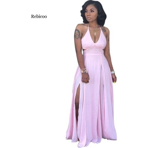 Autumn women halter v-neck open back high side split maxi midi bodycon dress night club party long dresses vestidos