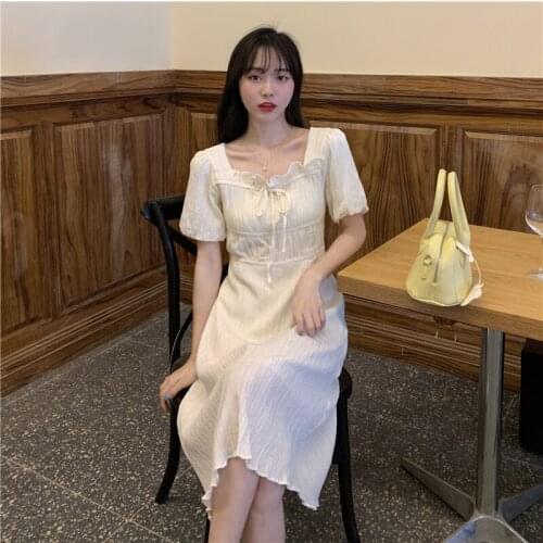 French Elegant White Purple Women Dress Spring Summer Square Collar Fungus Thin Lace Up Bow Ruffles Mid-Calf Dress Vestidos 2021