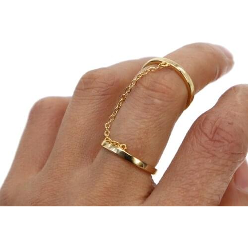 Double finger high polished gold color band link chain fashion simple women lady full finger double ring