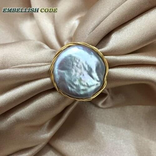 NEW Designer golden wire with big size baroque cultured pearls hand make ring light gray grey color for women gift