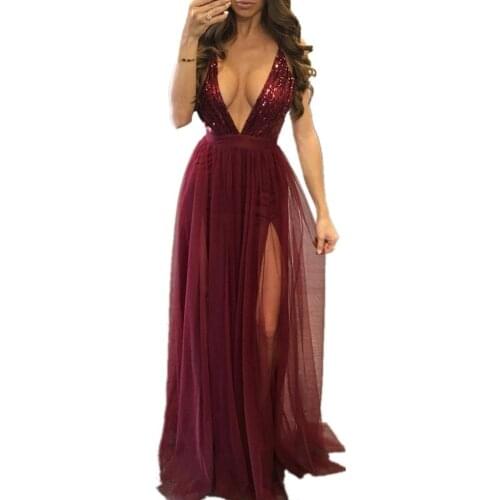 Women New elegant Deep V-Neck off shoulder sleeveless chiffon lace stitching floor-length party dress clubwear summer dress